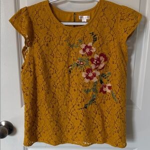 LOFT Mustard Lace Blouse with Floral Embroidery
